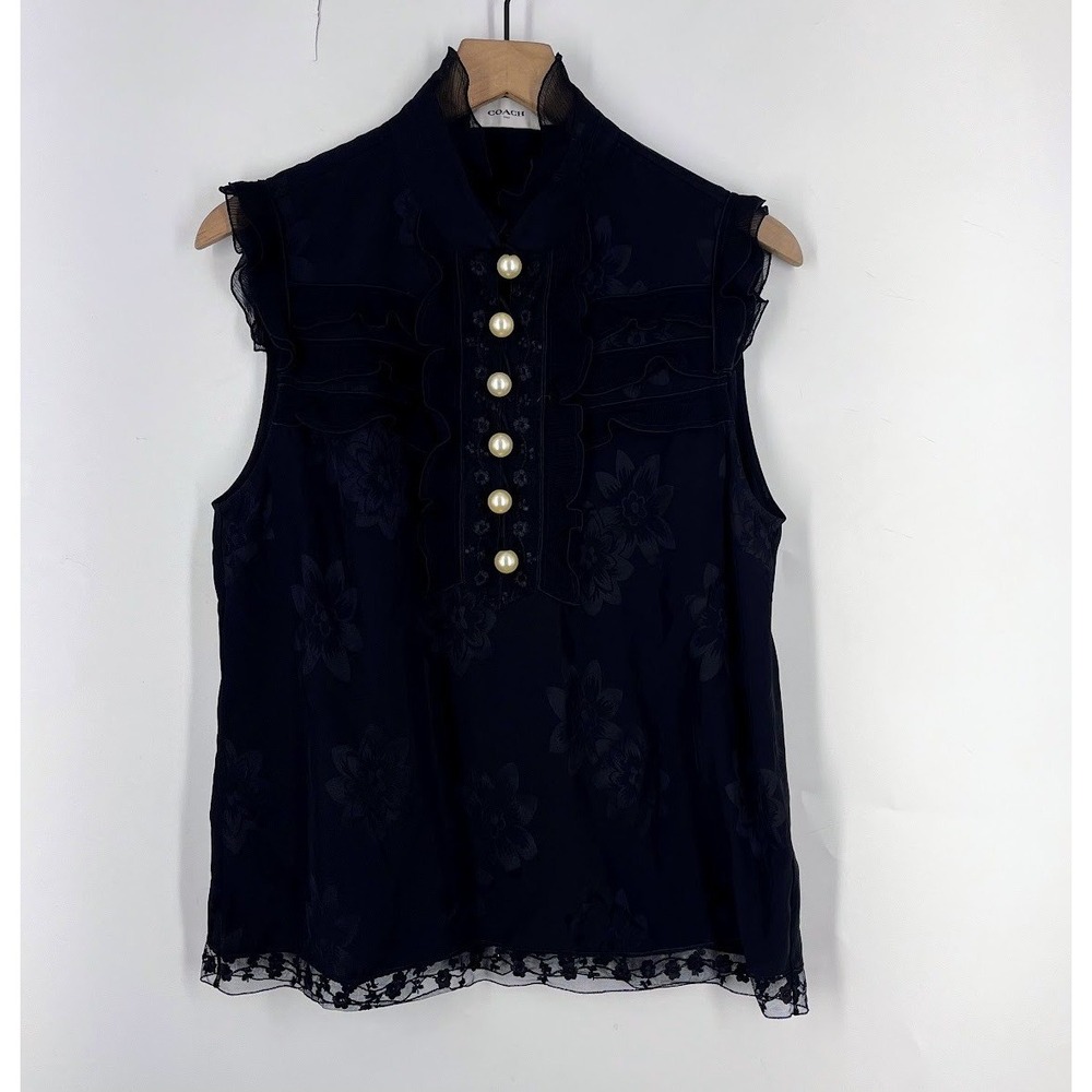 Coach 1941 Womens Black Floral Jacquard Pearl Button Ruffle Blouse 10 67698